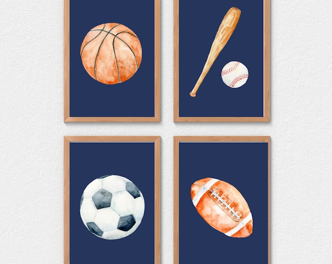 Sports theme bedroom wall art, baseball, basketball, soccer ball, football, navy background, set of 4 digital download prints