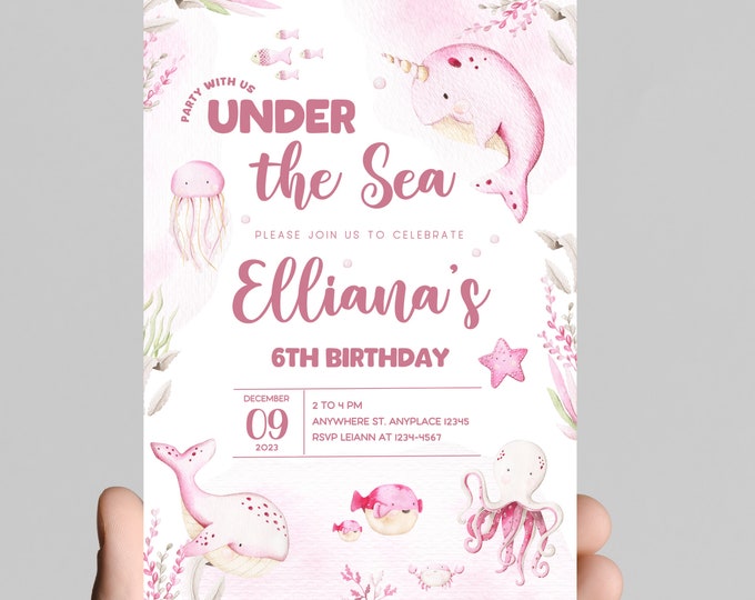 Under the sea theme girl birthday party invitation, pink ocean animals, splish splash, edit to any age, deep sea, ocean