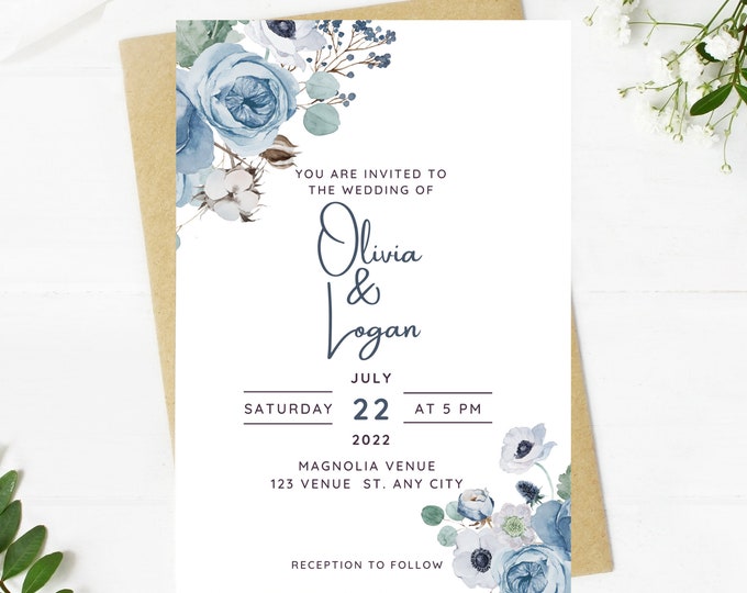 Beautiful Wedding invitation, dusty blue floral, Wedding, blue floral, navy, printable, editable, instant download template, e-card, Bridal