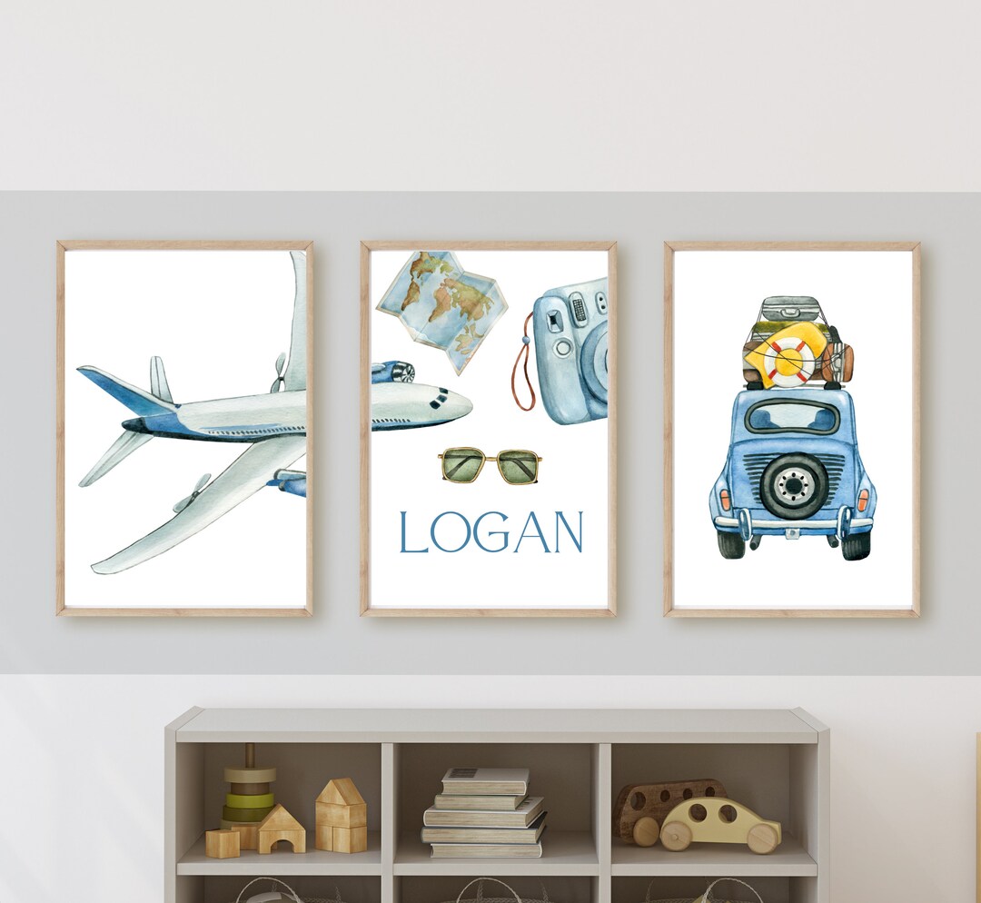 Vintage Airplane Travel Nursery Art Prints, World Map Decor (set of 3 ...