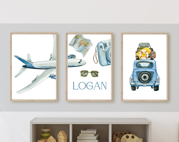 Adventure awaits, airplane vintage world travel boy room decor, adventure travel wall art, vintage map, 11x14, set of 3 digital downloads