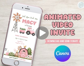 Oink, baa, cluck, moo, farm theme birthday video invitation, cow, barn animals, tractor, girl 2nd birthday invitation. Edit age and details