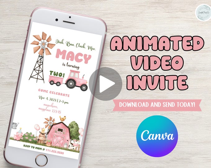 Oink, baa, cluck, moo, farm theme birthday video invitation, cow, barn animals, tractor, girl 2nd birthday invitation. Edit age and details