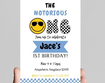 Notorious ONE 1st Birthday Invitation, Smiley Face, Sunglasses (Digital)