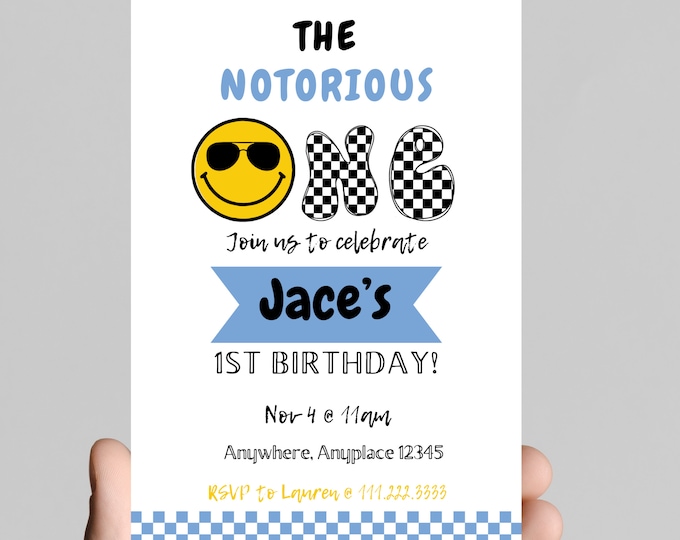 The notorious ONE, happy dude, baby boy 1st birthday party invitation, black and white, smiley face, sunglasses, edit and printable, digital