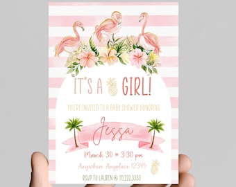Flamingo theme girl baby shower invitation, pink and gold glitter, tropical, pineapple, come celebrate mom to be