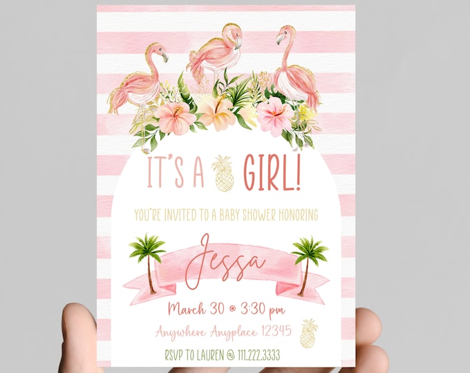 Flamingo theme girl baby shower invitation, pink and gold glitter, tropical, pineapple, come celebrate mom to be