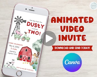 Oink, baa, cluck, moo, farm theme birthday video invitation, cow, barn animals, tractor, boy 2nd birthday invitation. Edit age and details
