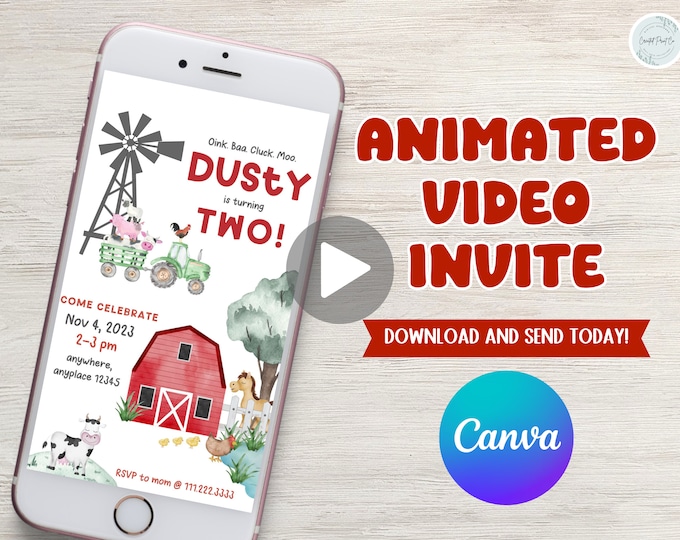 Oink, baa, cluck, moo, farm theme birthday video invitation, cow, barn animals, tractor, boy 2nd birthday invitation. Edit age and details