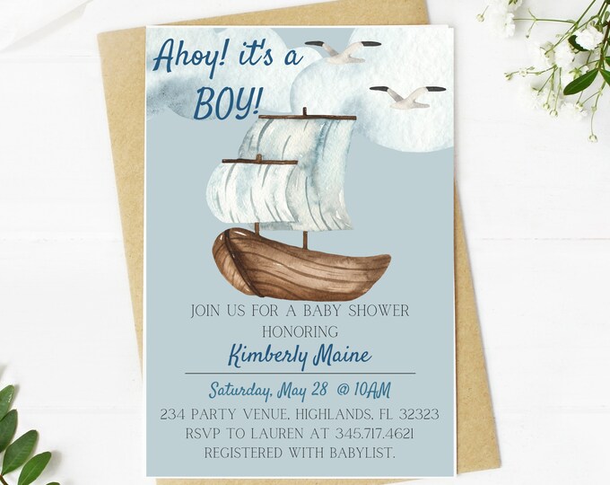 Ahoy its a boy!, baby shower invitation, nautical theme, sailboat, ocean, beach, anchors, baby boy