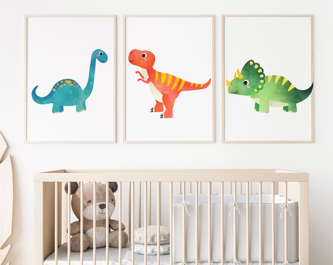 dinosaur nursery wall art, bedroom wall art, baby room, t-rex, dinosaurs, 11x14, set of 3 prints customizable, frame not included