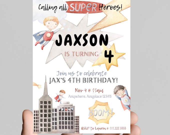 Calling all superheroes, time to celebrate! Superhero theme birthday party invitation, boom pow comics, edit to any age, printable, digital