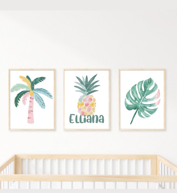 Tropical wall art, girl nursery bedroom wall decor, flamingo, pineapple, gold glitter, tropical, 11x14, set of 3