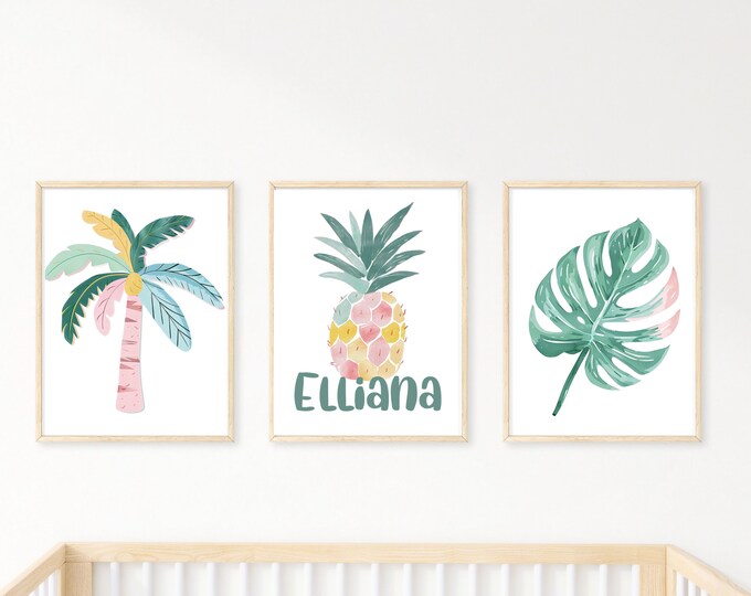 Tropical wall art, girl nursery bedroom wall decor, flamingo, pineapple, gold glitter, tropical, 11x14, set of 3