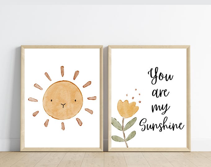 you are my sunshine wall art, sun and golden flower, 11x14, set of 2 digital prints included, no frames.