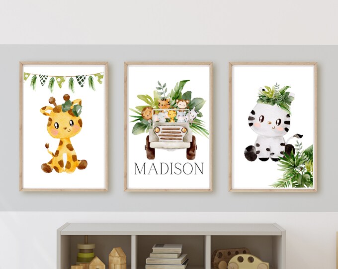 safari animals nursery wall art,  jeep buggy, zoo animals, customize the name, explore, digital download, printable wall decor, baby girl