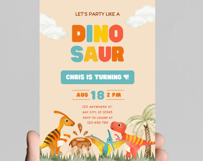 Stop Chomp Roar! Party like a dinosaur birthday party invitation, colorful baby dinos, 5x7in, customizable digital download
