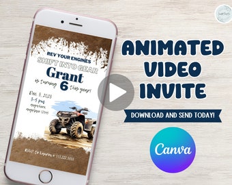 Rev your engine Shift into gear, ATV four-wheeler theme video birthday boy invitation, easily edit age and details, dirt, mud, digital