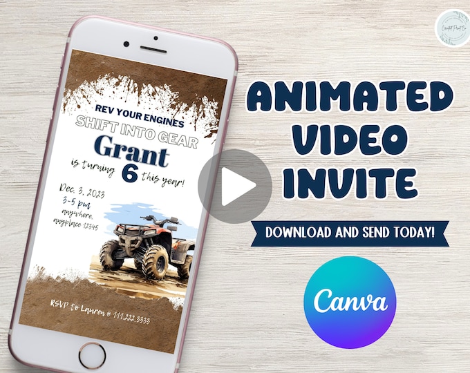 Rev your engine Shift into gear, ATV four-wheeler theme video birthday boy invitation, easily edit age and details, dirt, mud, digital