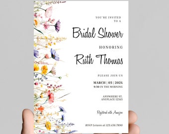 Beautiful wildflower bridal shower invitation, simple, minimalist, printable, editable, instant download template