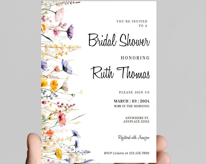 Beautiful wildflower bridal shower invitation, simple, minimalist, printable, editable, instant download template