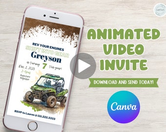 Rev your engine Shift into gear, ATV side by side theme video birthday boy invitation, easily edit age and details, dirt, mud, digital