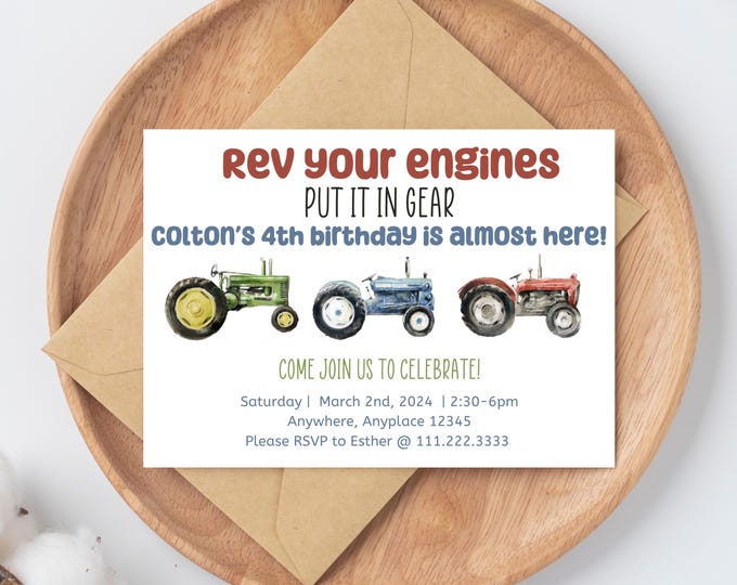 Tractor birthday party invitation, Rev your engines, put it in gear, His birthday is almost here, tractor birthday boy invitation template