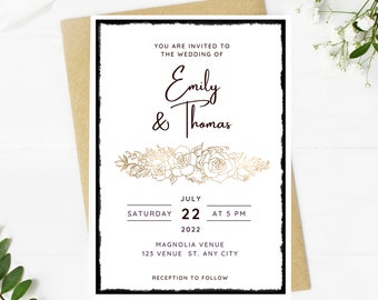 Beautiful Wedding invitation, gold floral lace, simple, minimalist, printable, editable, instant download template