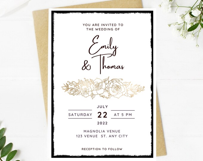 Beautiful Wedding invitation, gold floral lace, simple, minimalist, printable, editable, instant download template