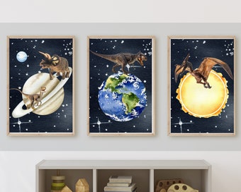 Dinos in Space wall art, dinosaurs, t-rex, sun and planets, earth, 11x14, set of 3 prints,customizable, frame not included