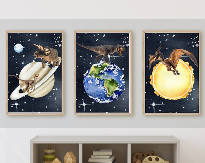 Dinos in Space wall art, dinosaurs, t-rex, sun and planets, earth, 11x14, set of 3 prints,customizable, frame not included