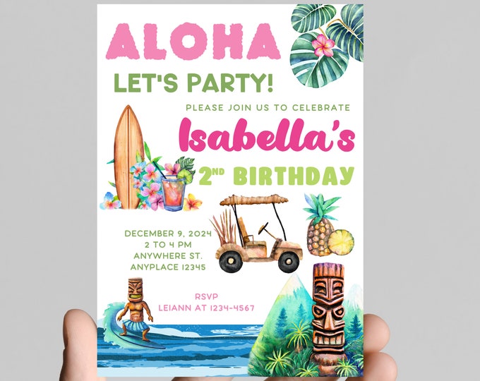 Hawaiian luau theme girl birthday invitation, pink flamingo, tropical, age is editable,  digital or printable