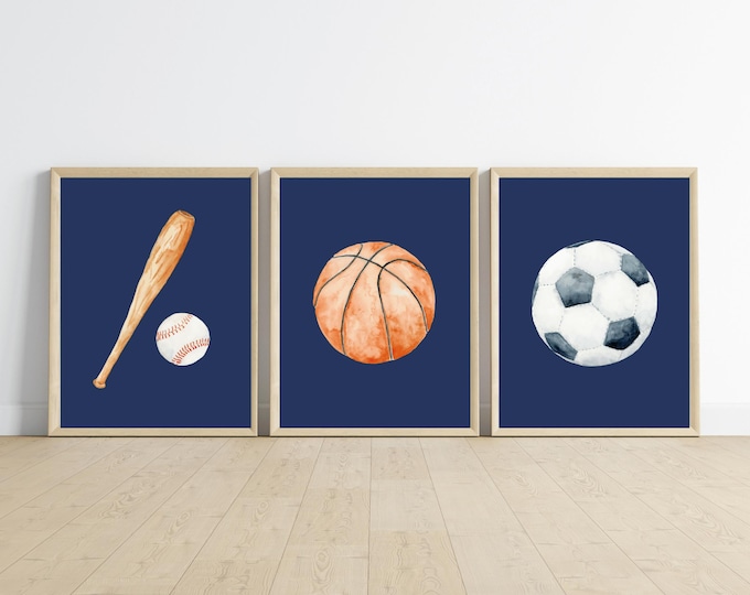 Sports room decor wall art, baseball, basketball, soccer ball, 11x14, set of 3 prints customizable, frame not included