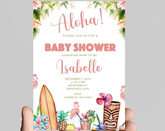 Hawaiian luau theme baby shower invitation, pink flamingo, tropical, baby girl, digital or printable