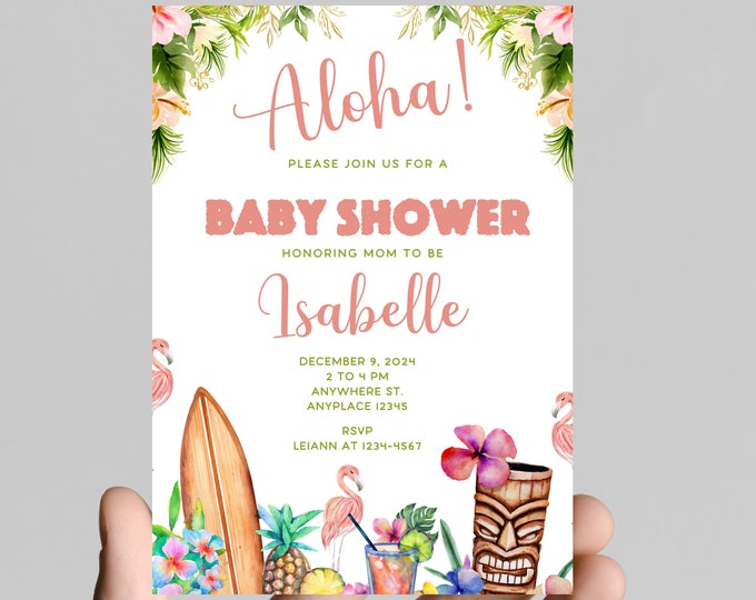 Hawaiian luau theme baby shower invitation, pink flamingo, tropical, baby girl, digital or printable