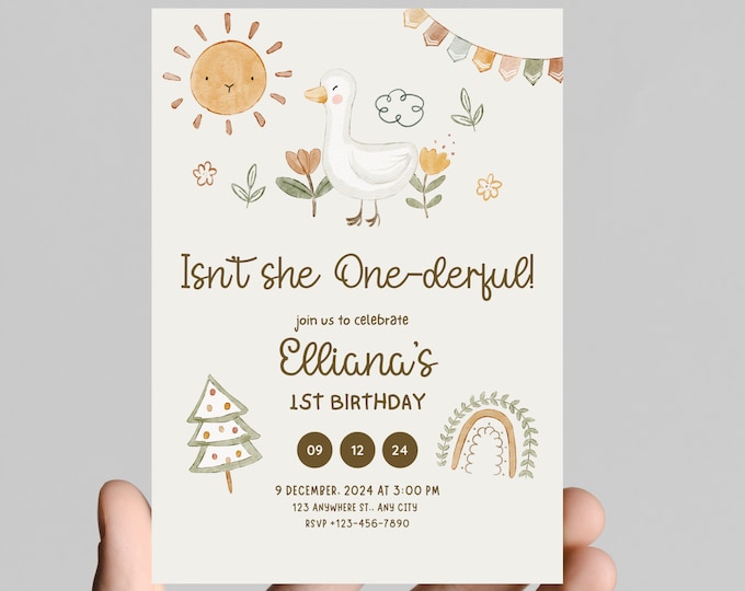 Isn’t she ONE-derful theme 1st birthday party invitation, boho theme, isn’t she wonderful, girl first birthday, printable, digital