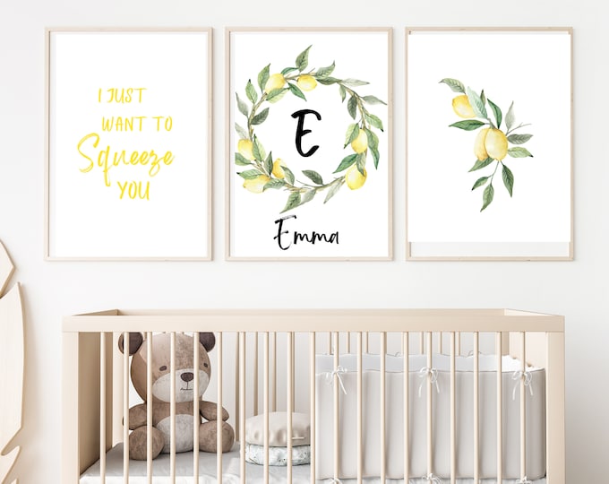 vintage lemon themed baby girl nursery or bedroom decor, lemons wreath with name and baby initial,  11x14, customizable