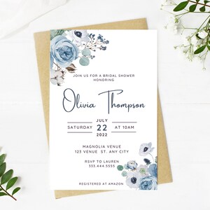 Beautiful dusty blue bridal shower invitation, floral, Wedding, simple, minimalist, printable, editable, instant download template