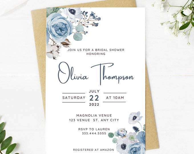Beautiful dusty blue bridal shower invitation, floral, Wedding, simple, minimalist, printable, editable, instant download template