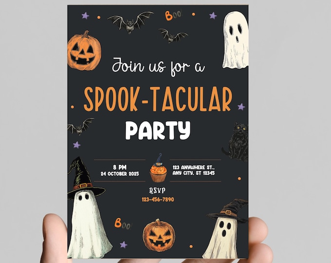 Halloween party invitation, spooky, costumes, pumpkins, spiders, editable, printable, digital