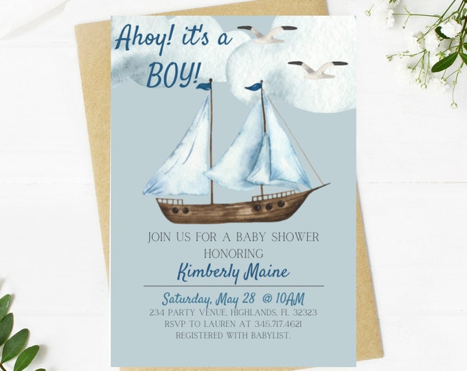 Ahoy its a boy!, baby shower invitation, nautical theme, sailboat, ocean, beach, anchors, baby boy