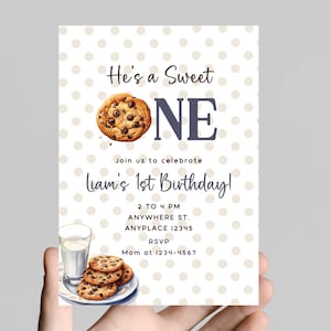 sweet one! Milk and cookies theme 1st birthday invitation, bakery sweets themed invitation for little one, chocolate chip cookies, printable