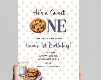 sweet one! Milk and cookies theme 1st birthday invitation, bakery sweets themed invitation for little one, chocolate chip cookies, printable