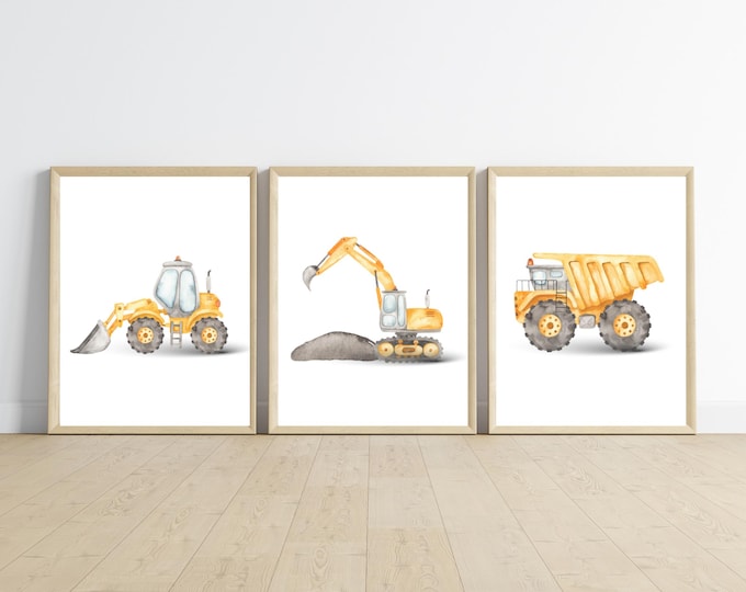 Construction trucks boy bedroom wall art, dump truck, excavator, bulldozer, 11x14, set of 3 digital downloads, printable