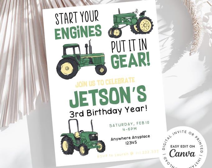 Tractor themed birthday invitation , Start your engines, put it in gear!, john deere tractors, green tractors, birthday boy invitation.