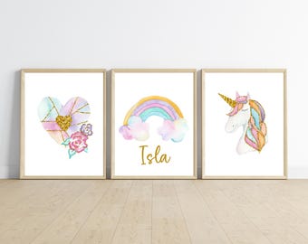 Rainbow Unicorn Nursery Wall Art, Gold Glitter Prints, Set of 3
