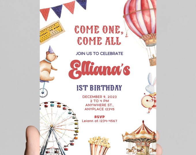 Come one come all, carnival theme birthday party invitation, edit to any age, printable