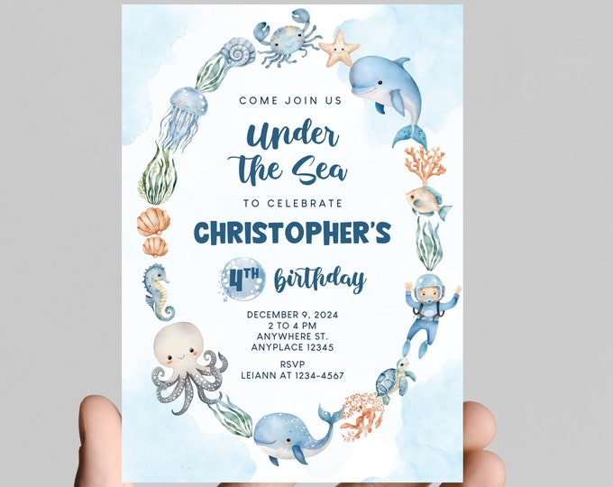 Under the sea theme boy birthday party invitation, blue ocean animals, splish splash, edit to any age, deep sea, ocean