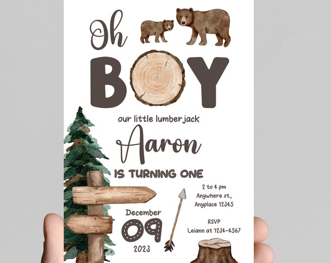 Woodland theme, Wild ONE lumberjack first 1st birthday invitation, buffalo plaid, adventure, outdoors, customize, digital, printable