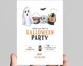 Halloween party invitation, spooky, costumes, pumpkins, spiders, editable, printable, digital